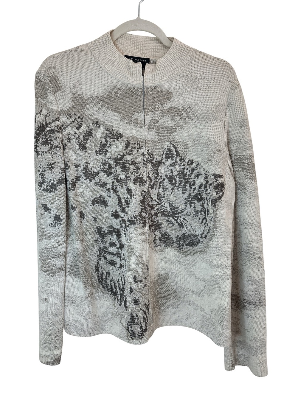 St. John Leopard Intarsia Zip Sweater Size Medium